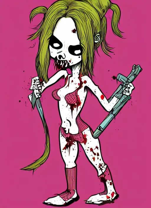 Prompt: zombie girl by matthieu cousin and wendy pini, pen and ink illustration, fine inking lines, flat colors, character design, concept art