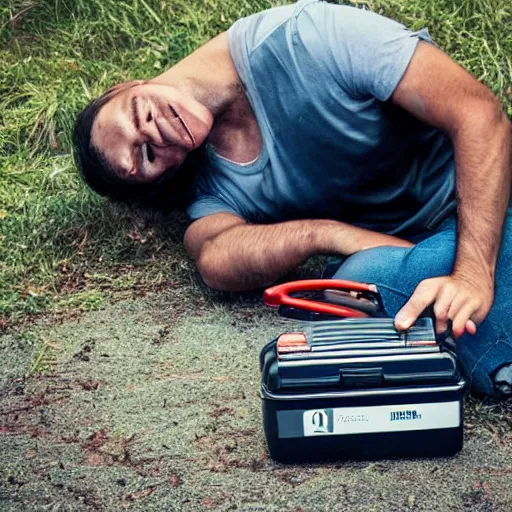 Prompt: a car battery eats a man