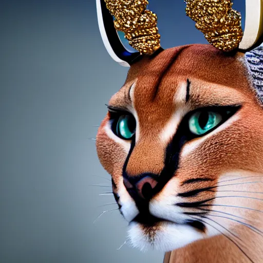 Image similar to caracal, crown on his head, in crown, dressed in crown, crowned, has a crown, cinematic, high detail, cinematography, vfx, 8 k