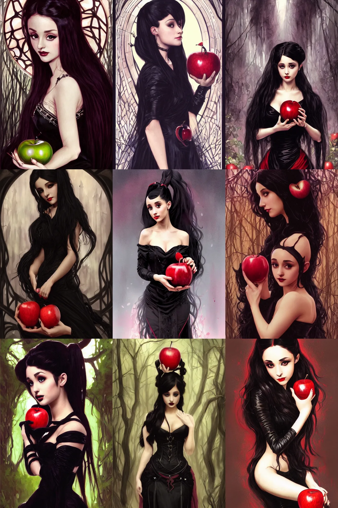 Prompt: beautiful gothic Ariana Grande holding a Red Poison Apple, Black Hair, dark forest, black dress, intricate, elegant, highly detailed, digital painting, artstation, concept art, smooth, sharp, focus, illustration, art by artgerm and greg rutkowski and alphonse mucha