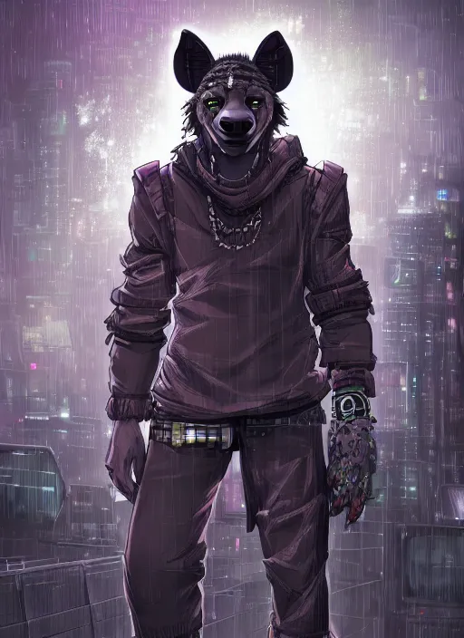 Image similar to character portrait of a male anthro hyena fursona with a tail and a cute beautiful attractive detailed furry face wearing stylish cyberpunk clothes in a cyberpunk city at night while it rains. color page, tankoban, 4K, tone mapping. By Rukis. comic book style