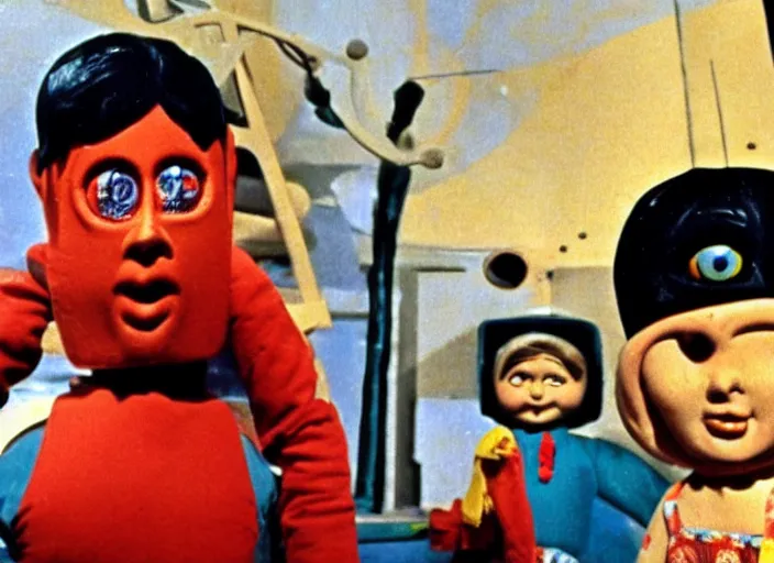 Prompt: a scene from a 1 9 7 0 s british kids tv programme by the bbc and gerry anderson, puppets, supermarionation, vhs distortion, folk horror, hauntology