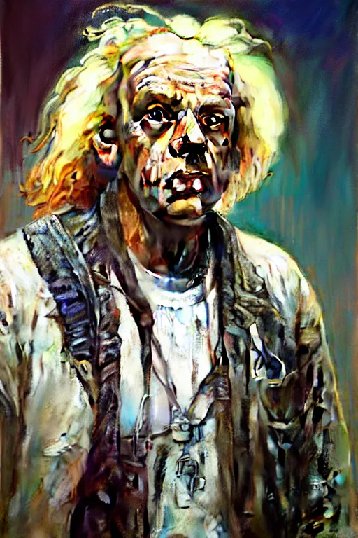 Image similar to hyperrealist portrait of doc brown by jeremy mann and alphonse mucha, fantasy art, photo realistic, dynamic lighting, artstation, poster, volumetric lighting, very detailed faces, 4 k, award winning