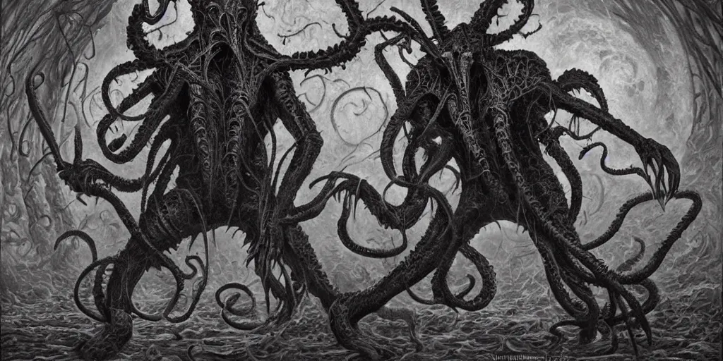 Image similar to elder god nyarlathotep lovecraftian h. p, terror, art by paulc carrick, dave carson, john coulthart, lee brown coye, h. r giger, stephen hickman, 8 k, hd, illumination, lighting, raytracting, dark, lovecraft, arkham, grotesque