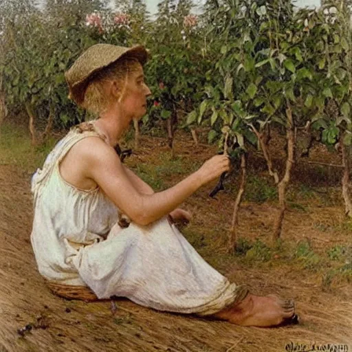 Image similar to by walter langley calm. a beautiful body art depicting a farm scene. the body art shows a view of an orchard with trees in bloom.