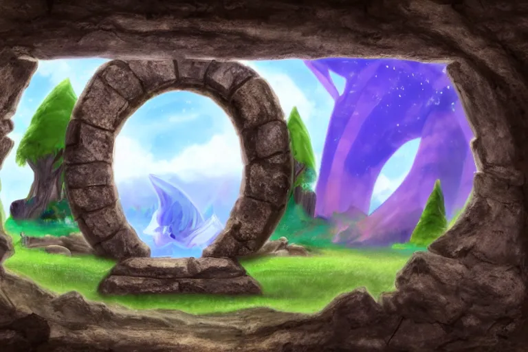 Prompt: Ancient runic portal to Equestria activates, showing Equestria's beautiful landscape inside