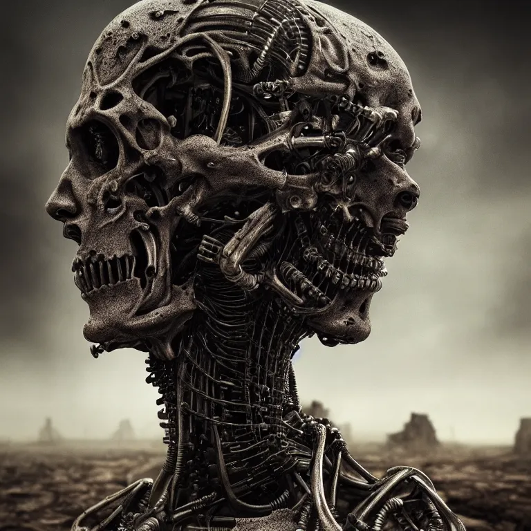 Image similar to ribbed cyborg face portrait, baroque painting, standing in a desolate empty wasteland, creepy, nightmare, dream-like heavy atmosphere, surreal abandoned buildings, beautiful detailed intricate insanely detailed octane render trending on Artstation, 8K artistic photography, photorealistic, chiaroscuro, Raphael, Caravaggio, Beksinski, Giger