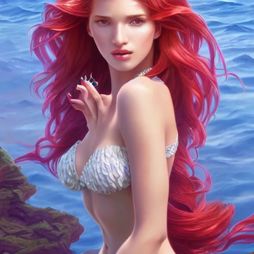 Image similar to ultra realistic illustration, bella thorne as the little mermaid anime, intricate, elegant, highly detailed, digital painting, artstation, concept art, smooth, sharp focus, illustration, art by artgerm and greg rutkowski and alphonse mucha and wlop