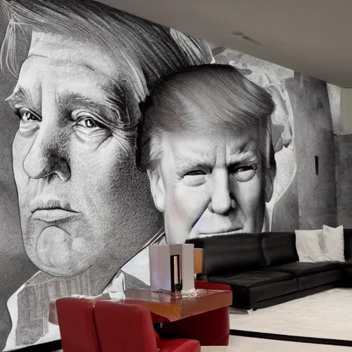 Image similar to mural of Donald Trump on the wall of a modern loft, beautiful architecture, popular interior design style