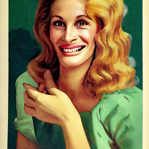 Image similar to “Julia Roberts portrait, color vintage magazine illustration 1950”