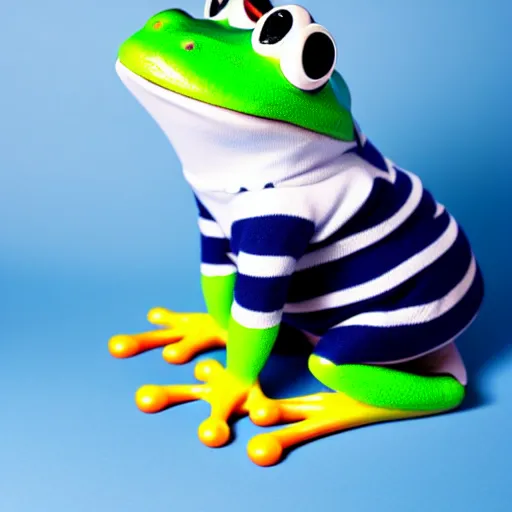 Image similar to frog wearing a sailor suit, studio photography,