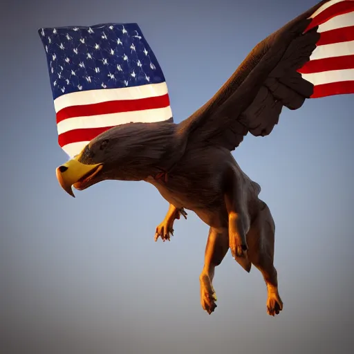 Prompt: a dog flying with a bald eagle, photorealistic, highly detailed, patriotic, trending on artstation