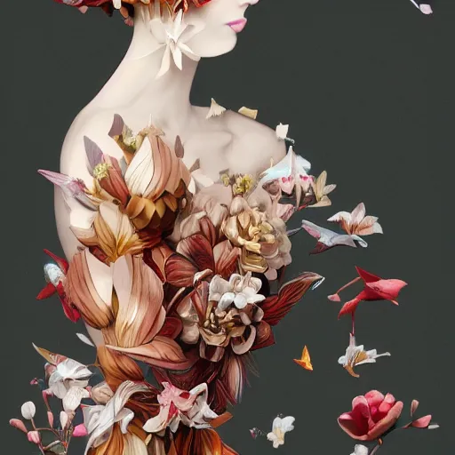 Prompt: 3 / 4 view of a beautiful girl wearing an origami dress, eye - level medium shot, fine floral ornaments in cloth and hair, hummingbirds, elegant, by eiko ishioka, givenchy, edward hopper, by peter mohrbacher, centered, fresh colors, origami, fashion, detailed illustration, vogue, high depth of field, japanese, reallusion character creator