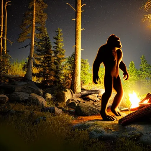 Prompt: bigfoot near a camp fire in a dark forest, highly detailed, photorealistic portrait, bright studio setting, studio lighting, crisp quality and light reflections, unreal engine 5 quality render