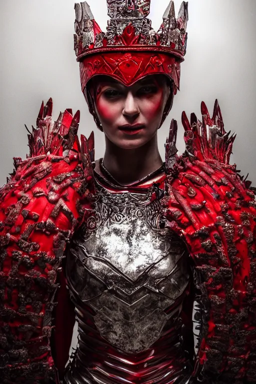 Image similar to the blood crown queen wears the scarlet armor on the bleeding throne, cinematic lighting, various refining methods, micro macro autofocus, ultra definition, award winning photo