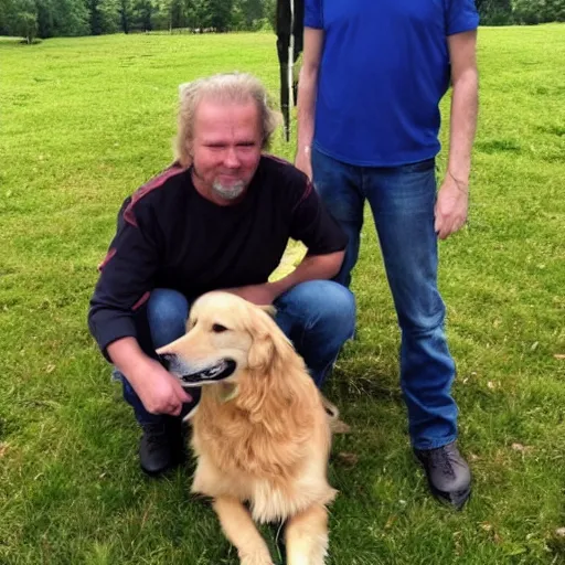 Prompt: photograph of a middle aged norwegian man with a golden retriever