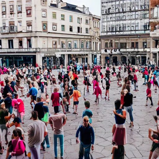 Prompt: a photo of many people dancing in square.