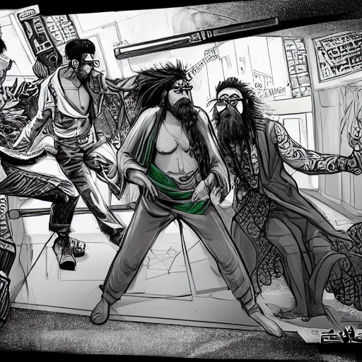 Image similar to hippie wearing robes, a fight between a boho cyberpunk hippie and a high - tech suit businessman, epic sketch art, cinematic mid shot fight, detailed