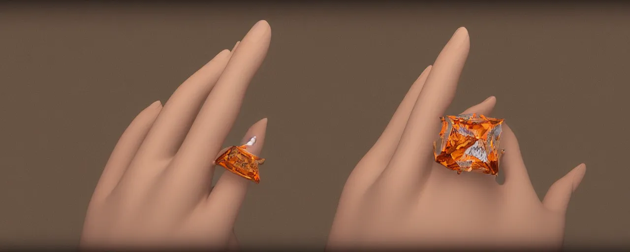 Prompt: simple white gold magic crystal ring, radiant cut, fire, orange, gold, smooth shank, crystal, engravings, diamonds, product design, jewelry, colorful, art by gerald brom, greg rutkowski and artgerm, photo realism, unreal engine, c 4 d