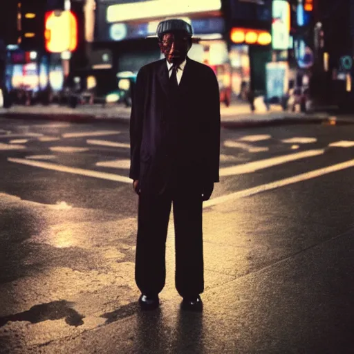 Image similar to old black man in tokyo at night, cinestill 8 0 0,