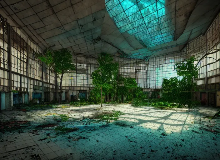 Prompt: inside a huge abandoned overgrown mall with swimming pool maze, bright halogen lights, highly detailed, 8 k, hdr, octane render, trending on artstation, volumetric lighting