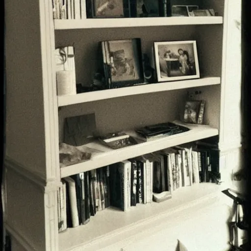 Image similar to a bookshelf full of dust, polaroid photo, perfect photo, photo pinterest