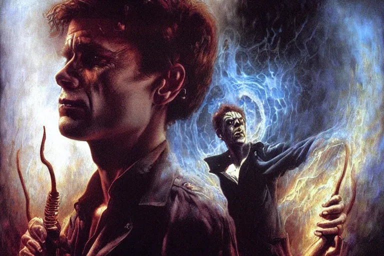 Image similar to young willem defoe in “ constantine ” ( 1 9 8 4 ) artwork, 4 k digital art, neon, 8 0's style tomasz alen kopera, peter mohrbacher, donato giancola, ilya repin, drew struzan hyperrealistic oil painting, gothic ghost horror biomechanical hell demons, frank frazetta