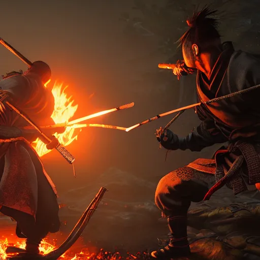 Image similar to japanese ninja boss inspired from sekiro shadows die twice near a camp fire, evening time, digital illustration, crisp details, highly detailed art, 8k image quality, intense atmosphere, full body camera shot