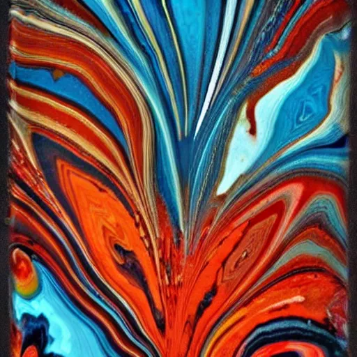 Image similar to pour paint art, marbling, orange and red color scheme, floral style