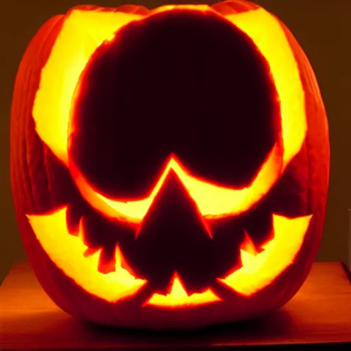 Image similar to a jack o'lantern, carved in the likeness of a skull, lit by candle from within, hyperreal, horror, atmospheric - h 6 4 0,