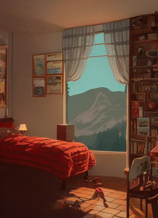 Prompt: Twin Peaks poster artwork by Michael Whelan and Tomer Hanuka, Rendering of nostalgic idyllic teenage bedroom, full of details, by Makoto Shinkai and thomas kinkade, Matte painting, trending on artstation and unreal engine