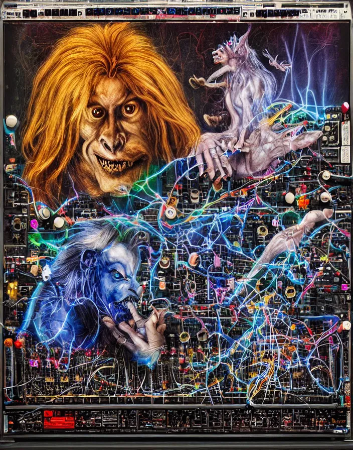 Image similar to chiaroscuro air brush fantasy hyper realistic photograph of a majestic goblin king patching a Buchla 200e modular synthesizer powered by tesla coils