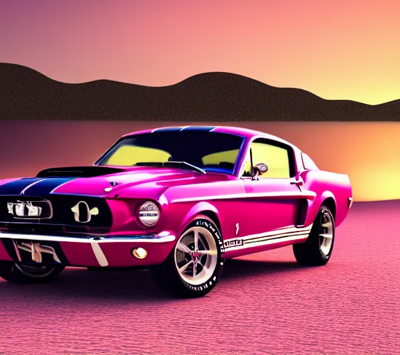 Image similar to !dream shot of 1967 Ford mustang Shelby GT500 in pink color at sunset in front a beach, realistic reflections, 4k, HD Photography, 3d render