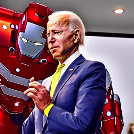 Image similar to joe biden in iron mans costume, amazing likeness. very detailed. hd. 4 k. intricate detail