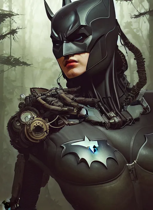 Prompt: portrait of batman, inside a forest, robot steampunk, horizon zero dawn machine, intricate, majestic, highly detailed, ray tracing, digital painting, artstation, concept art, smooth, sharp focus, illustration, art by artgerm and greg rutkowski and alphonse mucha, 8 k