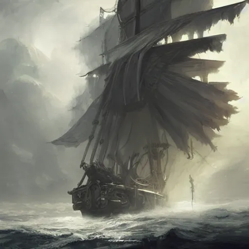 Prompt: detailed white pirate ship with large feathered wings by greg rutkowski, enigmatic atmosphere, beautiful and cinematic lighting, artstation hq.