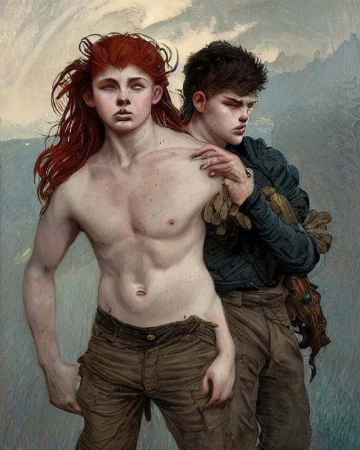 Image similar to portrait of short and stocky, 1 9 - year - old male twins with red hair and freckles, hyper realistic face, beautiful eyes, fantasy art, in the style of greg rutkowski, intricate, alphonse mucha, hyper detailed, smooth