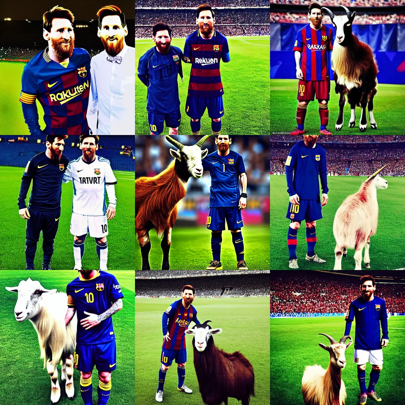 Prompt: lionel messi standing beside a majestic goat, intricate, elegant, highly detailed