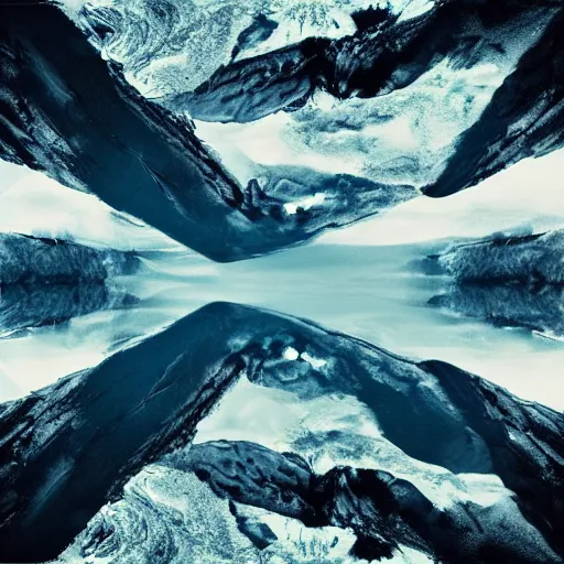 Prompt: an upside down mountain hanging over a lake, distorted, glitched, dramatic, cinematic, realistic, dark