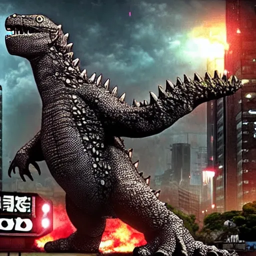 Image similar to Dwarf Godzilla destroys Tokyo, a super detailed high resolution cinematic scene