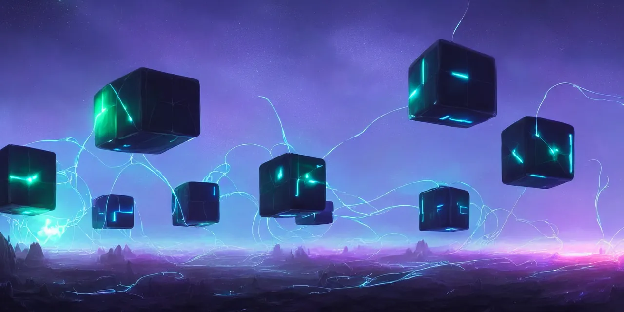 Image similar to a fleet of giant glowing futuristic cubes tied to each other with lots of glowing wires in the sky, thick glowing wires, light rays bouncing between cubes, a fantasy magical landscape seen in the distance, atmospheric lighting, intricate, volumetric lighting, beautiful, sharp focus, ultra detailed, in the art style of marc simonetti, bowater charlie and brom gerald, astrophotography