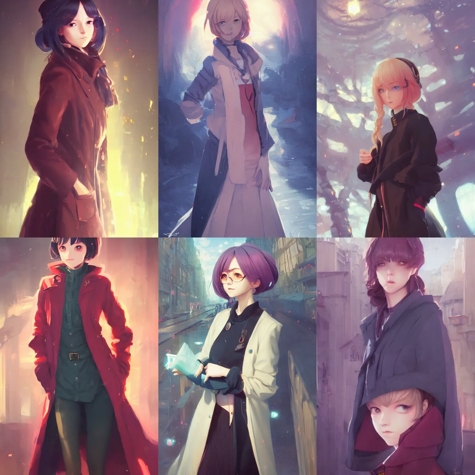 Prompt: a portrait of a cute young female wizard with a very stylish coat, urban fantasy setting, vivid colors, soft lighting, atmospheric, cinematic, moody, in the style of Ilya Kuvshinov and Range Murata, Krenz Cushart, oil on canvas, 8k