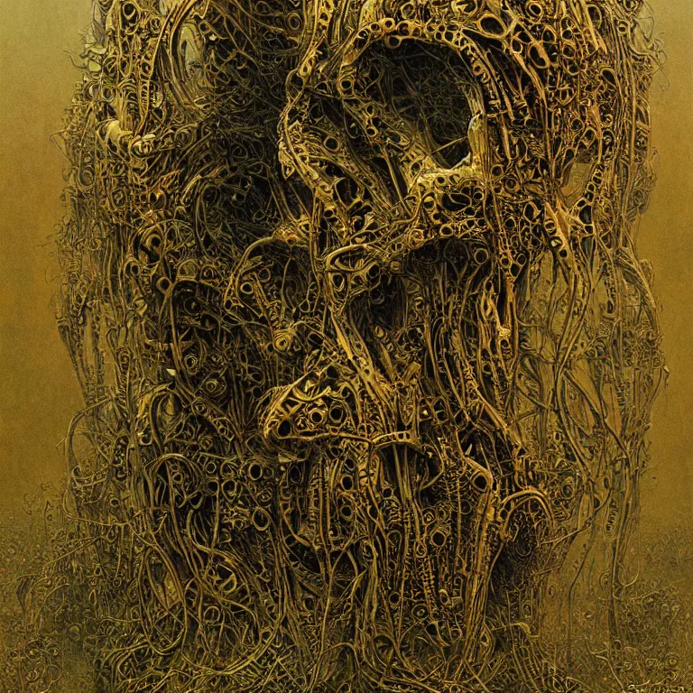 Prompt: organic cyborg alien skeleton alien centipede planet face style of peter gric Lovecraftian zdzislaw beksinski surrealism poster art