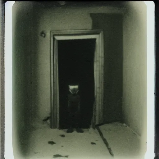 Image similar to a humanoid creature at the bottom of a dark stairwell, dark!, creepy, unsettling, uncanny valley!!!, old polaroid, expired film,