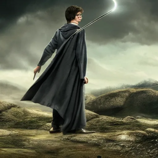 Prompt: Harry potter standing and casting a wand, back view, thunderclouds, cinematic shot, wide shot, epic scale, waving robe movement, photorealistic detail and quality, intricate ground stone, magical sigils, floating particle effects, movie still, nighttime, crescent moon, sharp and clear, action shot, intense scene, visually coherent, symmetry, rule of thirds, movement, photorealistic colors, cool colors transitioning to warm colors, award winning, directed by Steven Spielberg, Christopher Nolan, Tooth Wu, Asher Duran, Greg Rutkowski