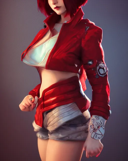 Image similar to a girl with short red hair, cool, vi from arcane, league of legends, fighter, cool red jacket, tattoo, beautiful, 3 d, potrait, art staion, studio light, closeup shot, octane render, wlop, realistic, neon