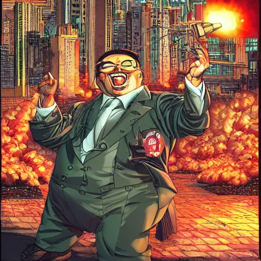 Prompt: big fat boss laughing while smoking a cigar, city exploding in the background, by yoichi hatakenaka, masamune shirow, josan gonzales and dan mumford