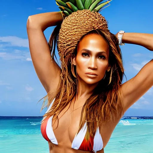 Image similar to j - lo, coconut bikini and a pineapple hat, professional photography, photoshop