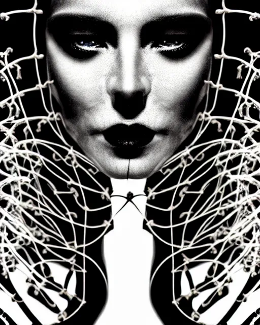 Prompt: black and white cyborg - plant goddess high quality photo, microchip, artificial intelligence, bio - mechanical bio - luminescence, black wired cables, neurons, nerve cells, cinematic, rim light, photo - realistic, high detail, 8 k, masterpiece, high fashion, in the style of steven meisel dora maar h. g. giger