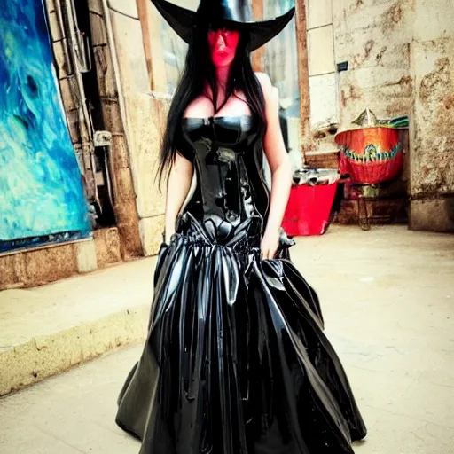 Image similar to CYBERPUNK big bust beautiful Claud Monet witch in latex dress